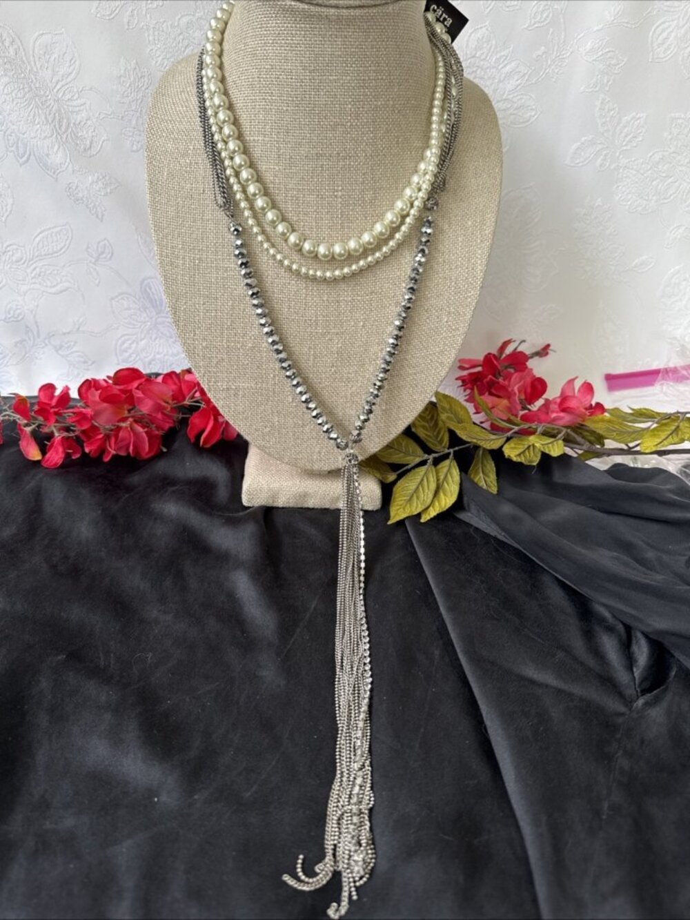 Cara NY Pearl Bead SIlvertone Chain Statement Necklace 22.5" Drop Tassel NEW